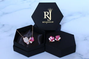 Pink Crystal Butterfly Jewelry Set 