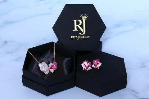 Pink Crystal Butterfly Jewelry Set